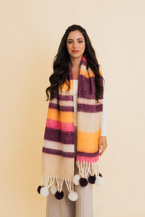 Contrast Color Stripes Chunky Pom Tassel Scarf