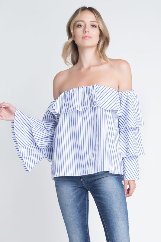 Women's Off Shoulder Stripe Ruffle Long Sleeve Top