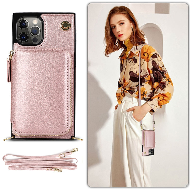 Zipper Wallet Case with Adjustable Crossbody Strap for iphone